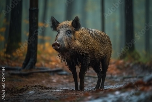 Wild boar in misty forest. Wildlife brown piglet animal in woodland. Generate ai