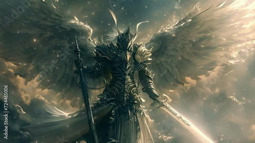 A celestial guardian adorned in dark armor with their wings spread wide wields a flail and stands ready to protect their brethren in battle. photo