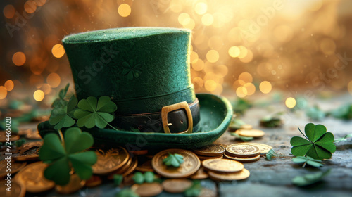 St. Patrick's Day Hat and Gold Coins Description: A traditional green hat adorned with a clover surrounded by scattered gold coins, capturing the spirit of St. Patrick's Day.