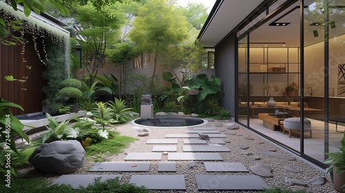 Hidden Courtyard at home Tranquil courtyard with stone walkways meet lush greenery. and a gently flowing fountain Invite to relax and sliding doors connect kitchen. photo