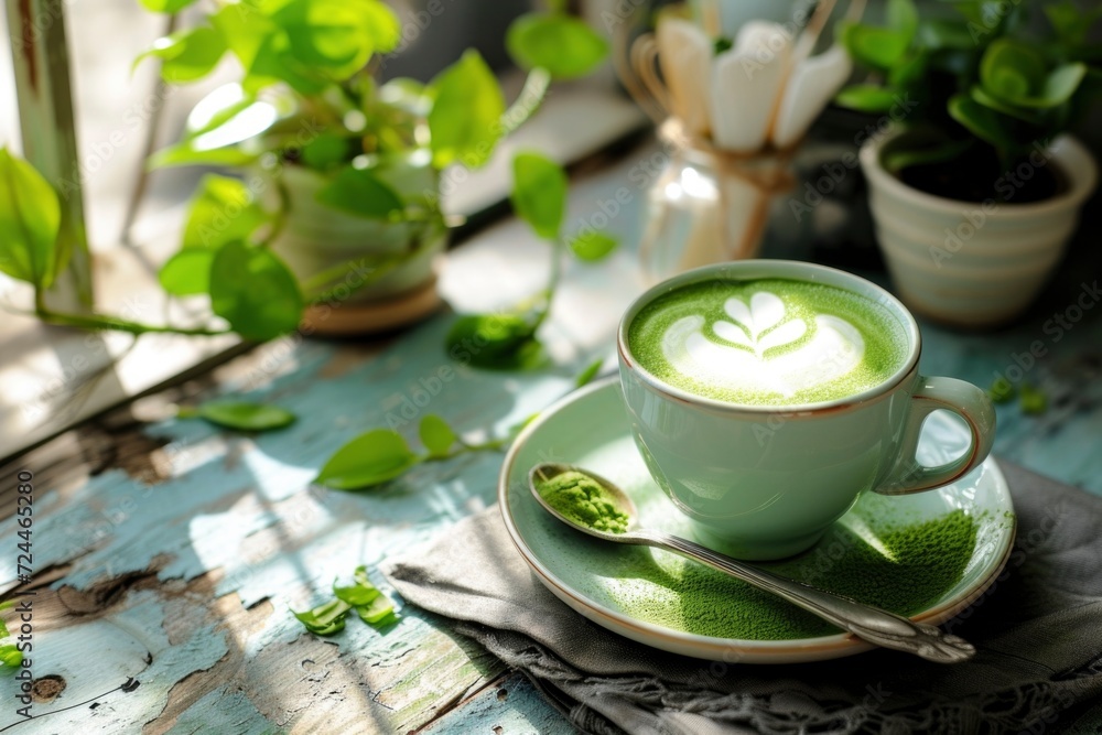 Artfully presented matcha latte in a pastel green cup, set on a weathered wooden table. Artfully presented matcha latte in a pastel green cup, set on a weathered wooden table.