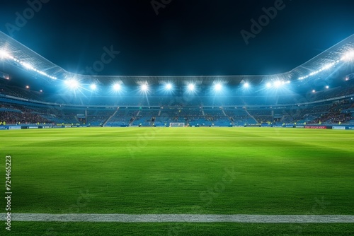 Nighttime Soccer Stadium With Dimly Lit Field And Filled Stands Of Fans