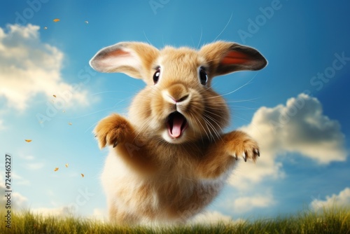Happy rabbit jumping and having fun.