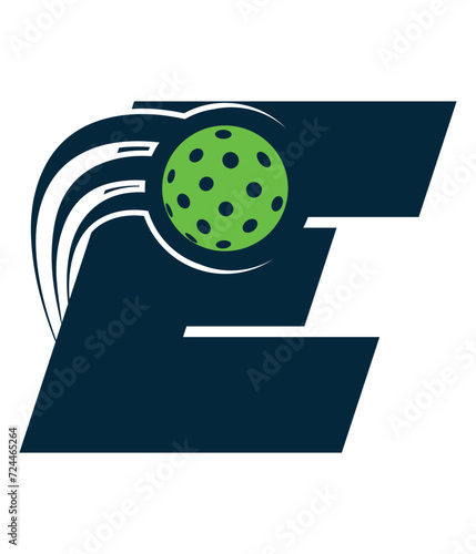 A beautiful flying pickleball logo vector over the letter E. You can use it as club logo, banner design etc.