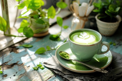 Artfully presented matcha latte in a pastel green cup, set on a weathered wooden table.