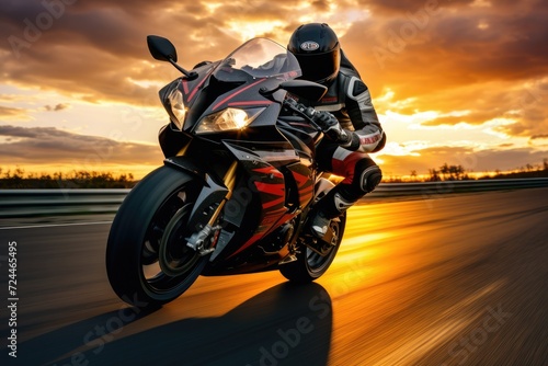 Person Riding Motorcycle on Road, A Thrilling Journey Through, Motorcycle rider on a sport bike speeds along a race track at sunset, Extreme athlete in Sport Motorcycles Racing, AI Generated © Iftikhar alam