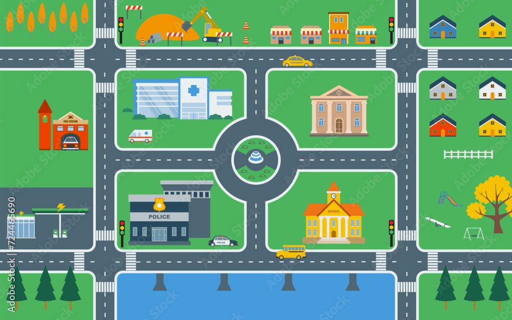 custom made wallpaper toronto digitalLovely city, City map, map, cityscape vector illustration, design elements with road, park, transport, buildings, for kids play mat.