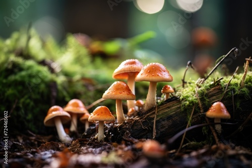 Group of Mushrooms on the Ground, A Natural Display of Fungi, Mushroom cultivation in the wild, captured in a close-up shot with selective focus, AI Generated