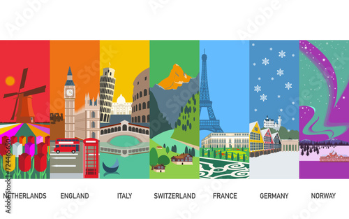 Famous Places in Eurpoe,  Landmarks in Europe, vector illustration.