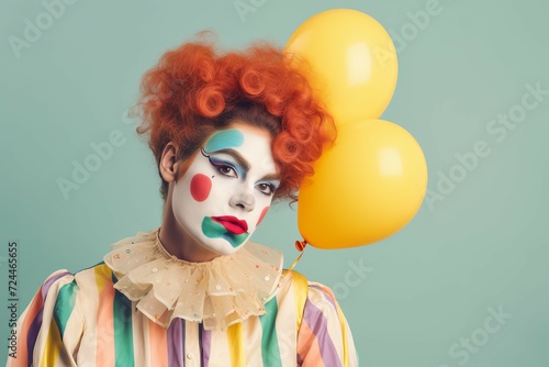 Woman dressed in clown. Carnival female in colorful costume with balloons. Generate ai