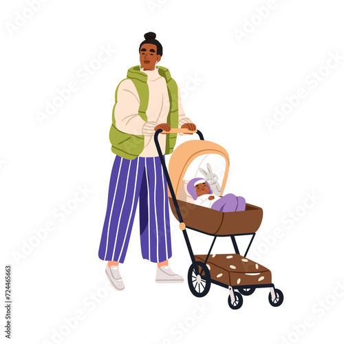 Happy mom walking with baby in pram. African-American mother and kid, strolling with carriage, stroller. Mum going, child sleeping. Flat graphic vector illustration isolated on white background