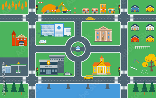 Lovely city, City map, map, cityscape  vector illustration, design elements with road, park, transport,  buildings, for kids play mat.