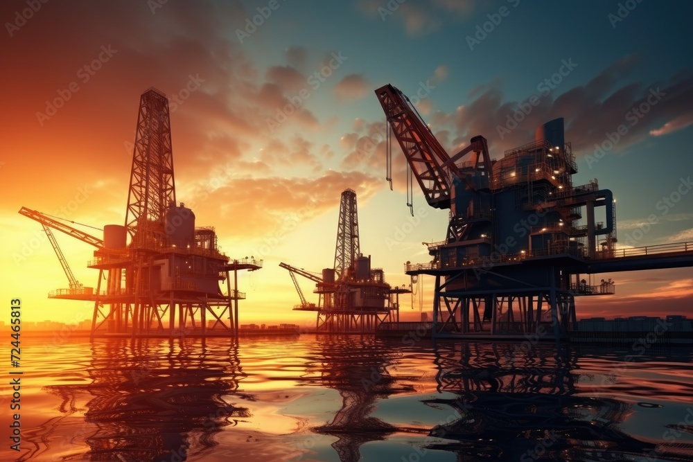 Oil Rigs in the Middle of the Ocean at Sunset, Oil and gas industry background featuring a platform for the production of petroleum products, AI Generated