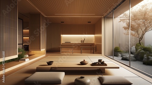 Modern Japanese minimalist interior design kitchen and living room  sleek tatami mats meet plush rugs  light wood blends with earthy ceramics  and hidden shoji screens reveal a minimalist kitchen.