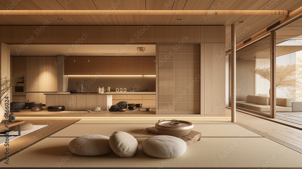Modern Japanese minimalist interior design kitchen and living room ...