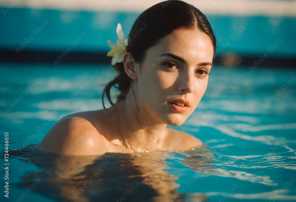 Portrait of a beautiful young woman in the swimming pool