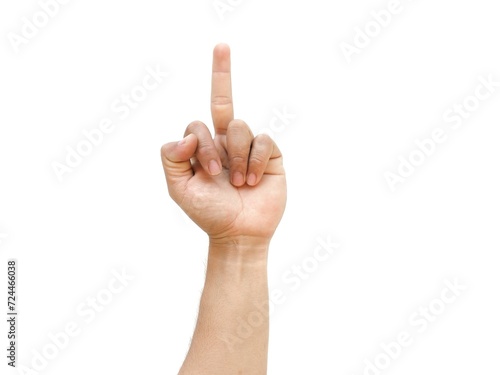 Male hands making the Fuck You symbol gesture, isolated on white background.
