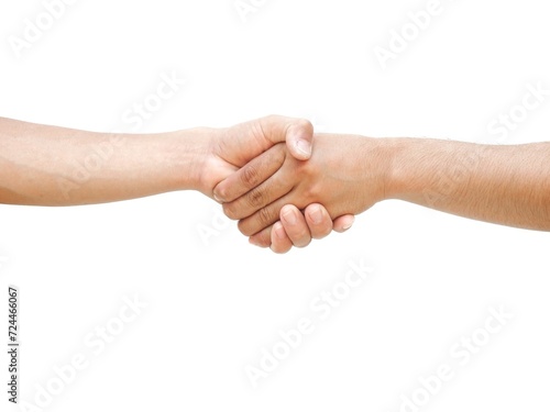 The hands of two men are shaking hands to agree on something. Or cooperation concept about cooperation in investment or work and business isolated on white background.
