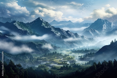 A captivating painting displaying a majestic mountain landscape adorned with billowing clouds.  Photo-realistic illustration of mist-covered mountains in the morning  AI Generated