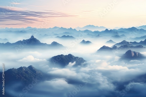 An awe-inspiring landscape of a mountain range shrouded in clouds., Photo-realistic illustration of mist-covered mountains in the morning, AI Generated