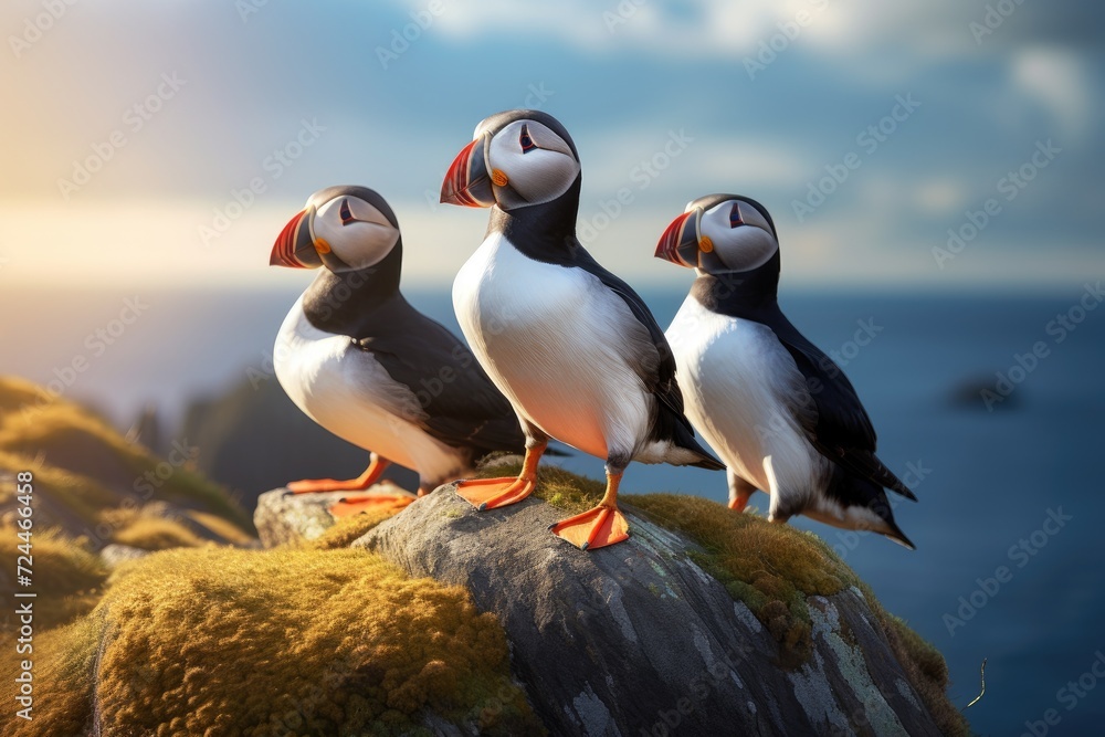 Fototapeta premium A group of three birds sits majestically on a rock, set against a beautiful natural backdrop, Puffins perch on a rock in front of the sea, AI Generated