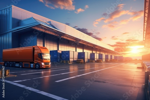 A massive truck sits parked in front of a towering building, creating a striking visual contrast, Realistic rendering of a logistic business transport warehouse dock station, AI Generated