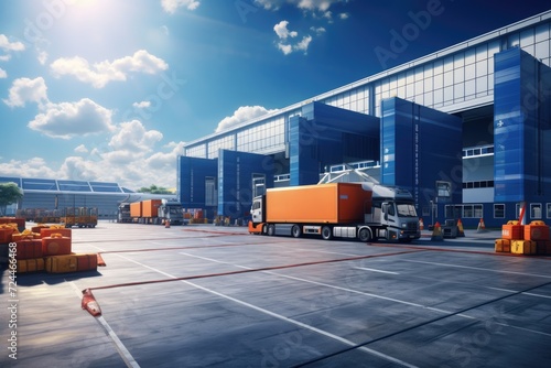 Large Truck Parked in Front of Building, Industrial Vehicle Standing in Front of Commercial Structure, Realistic rendering of a logistic business transport warehouse dock station, AI Generated