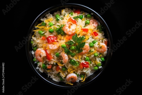 Plate of Rice With Shrimp and Peas, A Delicious and Nutritious Meal, Rice with vegetables and shrimps on a black background is showcased in a top view, AI Generated