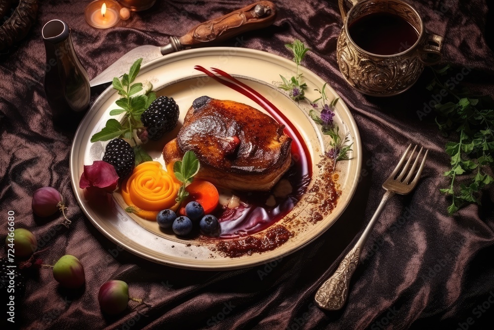Plate of Meat With Fruit and Veggies, A Wholesome and Delicious Meal, Roasted goose liver with dates and apple, fruit and berry sauce painting and cutlery in a top view, AI Generated