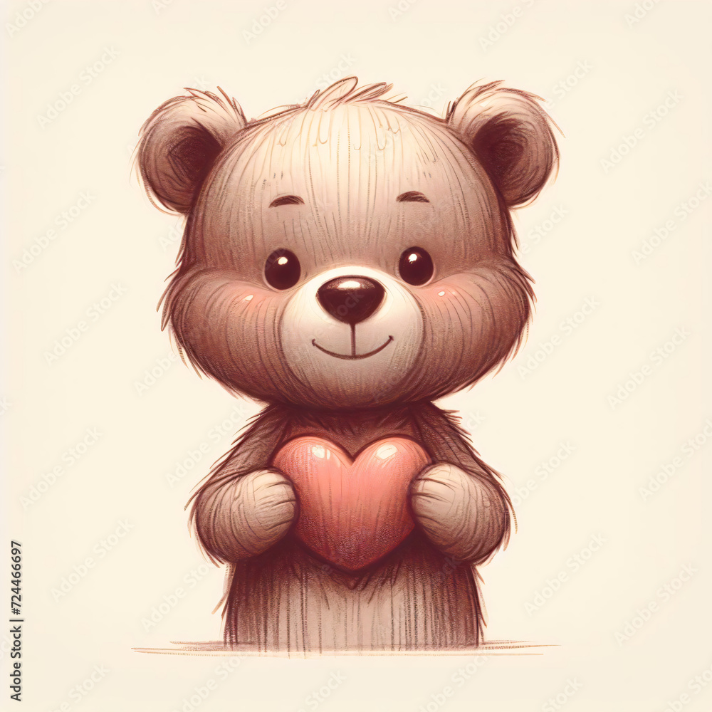 Fototapeta premium A delightful illustration depicts a smiling brown bear holding a glossy heart, exuding joy and love, perfect for conveying messages of warmth and affection. 