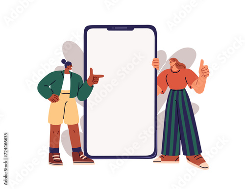 Tiny characters advertising mobile phone screen. Women recommending app, blank smartphone display. Young girls with cellphone, huge cell mockup. Flat vector illustration isolated on white background
