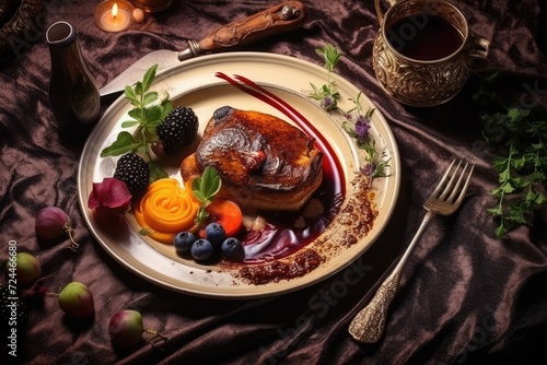 Plate of Meat With Fruit and Veggies, A Wholesome and Delicious Meal, Roasted goose liver with dates and apple, fruit and berry sauce painting and cutlery in a top view, AI Generated