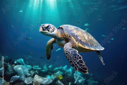 Turtle Swimming in Ocean Surrounded by Trash, Sea turtle surrounded by plastic garbage in the ocean, Concept of nature pollution, AI Generated
