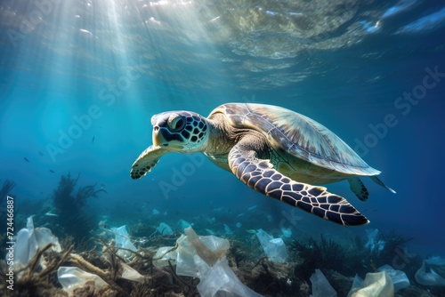 A turtle gracefully swims in the ocean, navigating through a sea of discarded waste, Sea turtle surrounded by plastic garbage in the ocean, Concept of nature pollution, AI Generated © Iftikhar alam