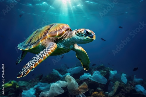 A green turtle gracefully glides through vibrant coral reef, surrounded by colorful marine life, Sea turtle surrounded by plastic garbage in the ocean, Concept of nature pollution, AI Generated