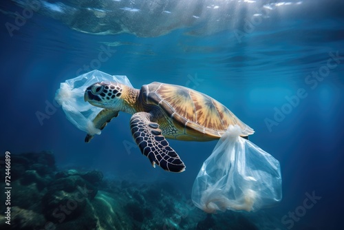 Turtle Swimming in Ocean With Plastic Bag, Sea turtle with plastic bags in the ocean, Concept of environmental pollution, AI Generated