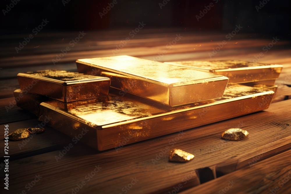 A pile of gold bars sits atop a wooden table, radiating wealth and the promise of prosperity, Shiny and glowing gold bars placed on a wooden surface, AI Generated A pile of gold bars sits atop a wooden table, radiating wealth and the promise of prosperity, Shiny and glowing gold bars placed on a wooden surface, AI Generated