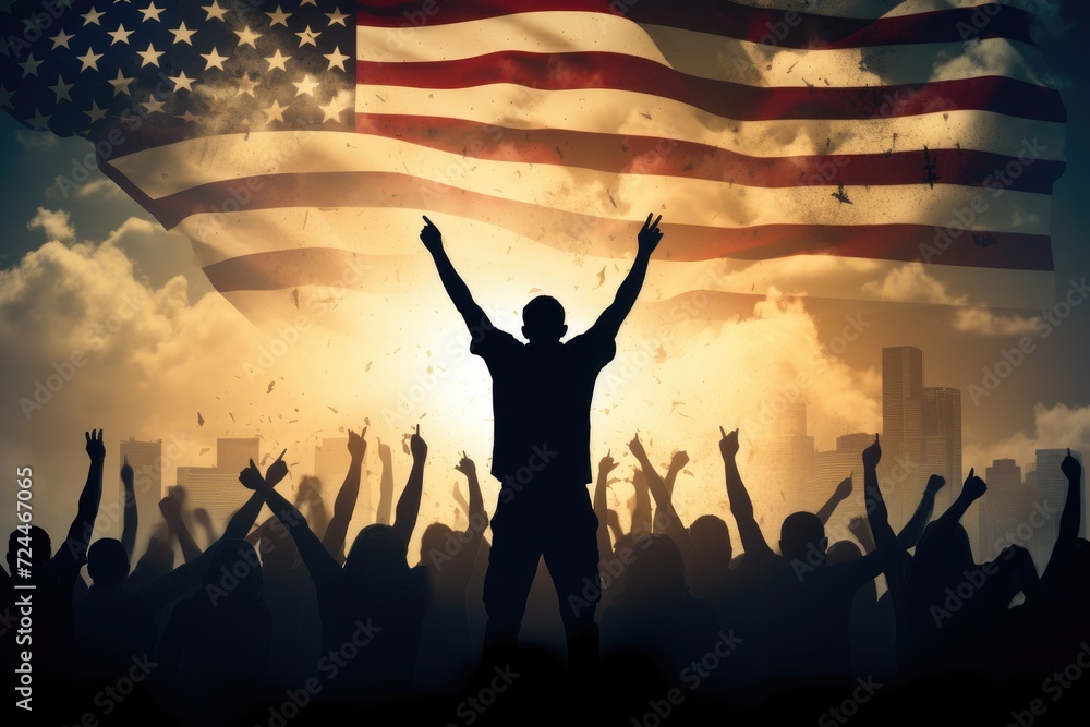A man stands proudly in front of an American flag, representing patriotism and national pride, Silhouette of arms raised waving a USA flag with pride, AI Generated A man stands proudly in front of an American flag, representing patriotism and national pride, Silhouette of arms raised waving a USA flag with pride, AI Generated