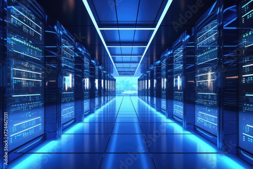 A view of a data center with multiple rows of servers illuminated by blue lights, Server room data center featuring rows of server hardware, 3D rendering, AI Generated