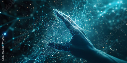 A hand touches light points in the direction of a technology network and interconnected lines. Symbolizing the concept of digital transformation  blockchain technology  and future networks.