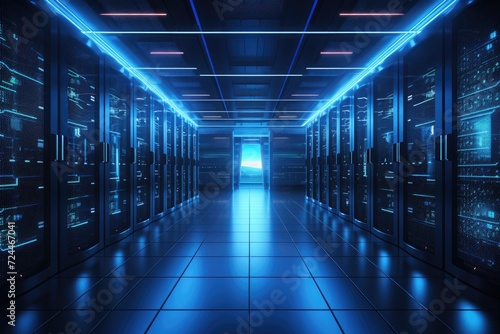 A long hallway filled with rows of servers running and processing data  Server room data center featuring rows of server hardware  3D rendering  AI Generated