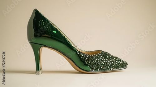 Elegant Green High Heel Shoe Adorned with Sparkling Embellishments