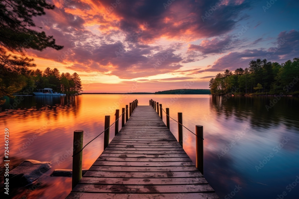 Dock Next to Body of Water, A Simple Structure for Docking Boats and Enjoying Lakeside Views, Small boat dock and a beautiful sunset landscape view with a huge lake, AI Generated - obrazy, fototapety, plakaty 