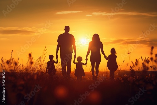 Group of People Standing on Grass Covered Field, Silhouette of happy children with mother and father, a family at sunset on a summer day, AI Generated