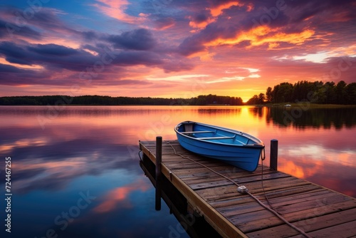 A blue boat resting on a wooden dock under clear blue skies, Small boat dock and a beautiful sunset landscape view with a huge lake, AI Generated