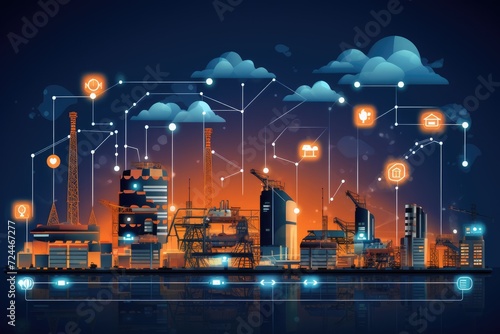 An energetic cityscape showcasing a multitude of icons hovering above  depicting a thriving urban environment  Industrial technology concept  AI Generated