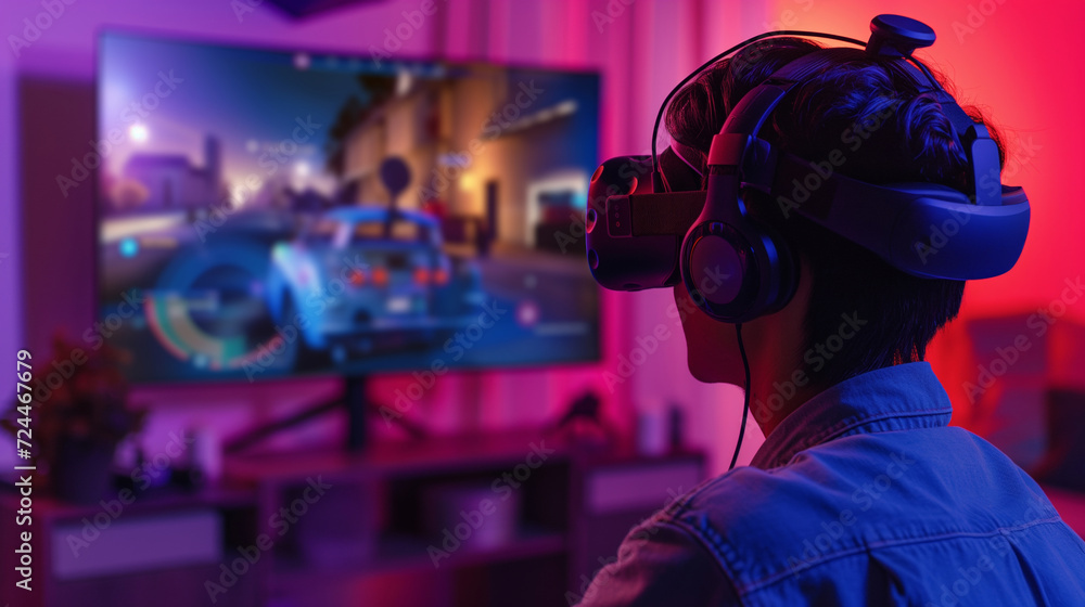 Gamer living experience. VR headsets and surround sound create a futuristic atmosphere in living room.