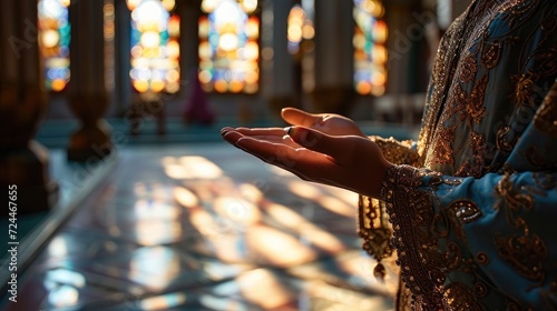 Young muslim woman prayer hijab pray to God on blur mosque background concept for eid mubarak, life and soul fasting of international islamic ramadan sunlight photo