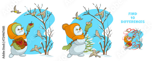 Find 10 differences. Cute snowman girl feeds birds in the winter forest. Educational game for preschool workbooks, printable and design.