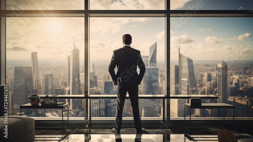 Businessman Standing At The Large Window Of A Office Overlooking The Cityscape